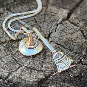 Goth Necklace Witch’s Broom & Hat, Silver Color, Engraved Design Layering Piece